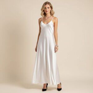 Tendencies White Satin Sleeveless Spaghetti Strap Long Flowy Maxi Dress L